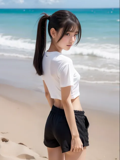 Looks Back，年轻，(beach shorts)，tshirts，teens girl，Delicate body，petite body，Delicate body，small tits，tiny chest，A dark-haired，Twin-tailed，poneyTail，sand beach