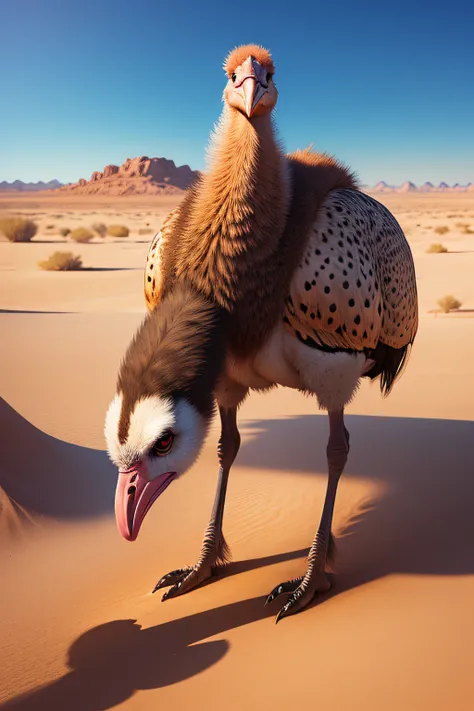 create an image of an ostrich in a psychedelic hot desert