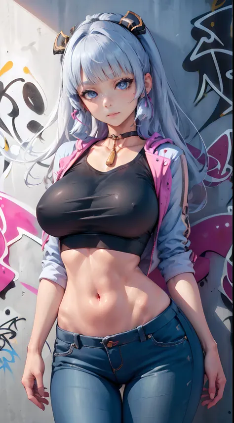 kamisato ayaka|genshin impact, master-piece, bestquality, 1girls,30 years old, proportional body, Big legs, Beautiful, proportional., crop top, Long Jeans, mediuml breasts, ,bara, crop top, choker, (Graffiti:1.5), Splash with purple lightning pattern., arm...