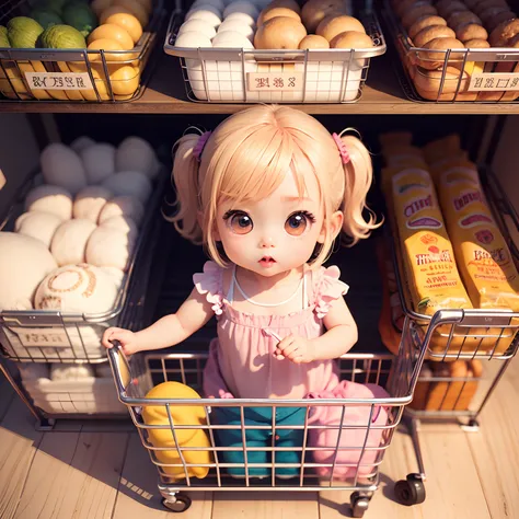 Cute Baby Chibi Anime、(((Chibi 3D))) (Best Quality), (masutepiece)、Chibi Supermarket、Food Section Display Cabinet、shopping cart、The shopping cart is full of food