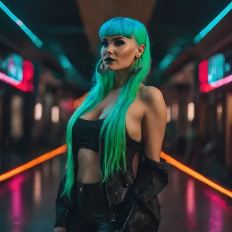 ((best quality)), ((Meisterwerk)), ((realistisch)) and ultra-detailed photography of a 1nerdy girl with goth and neon colors. Sie hat ((turquoise hair)), wears a techwear jacket and exudes a vibe ((beautiful and aesthetic)), sexy, Underboobs, hot, Zaubertr...