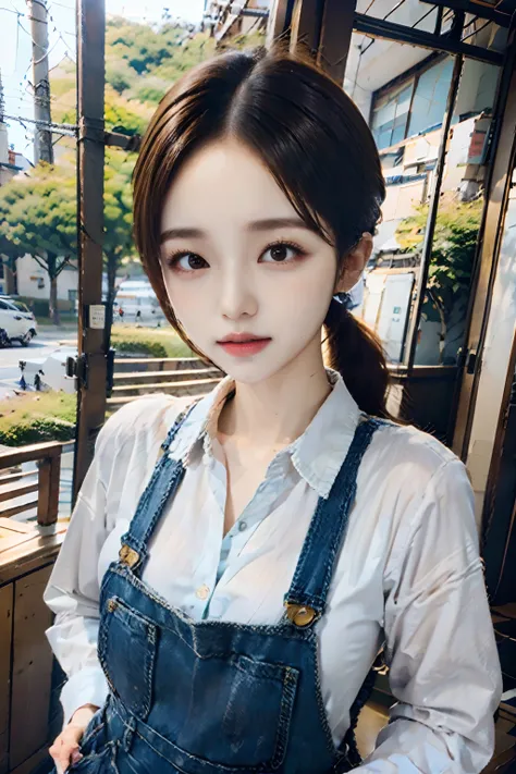 Older sister,high quality picture, masutepiece, a beauty girl,cafes,Business Shirt,Denim overalls,Short ponytail,cafes,