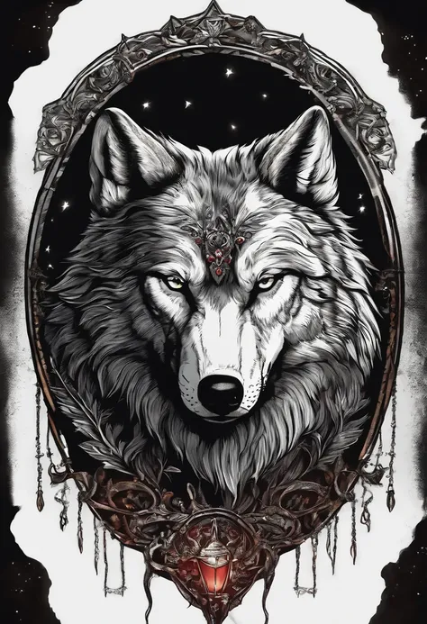 /imagine prompt: Big wolf illustration with sticker on black background,The outline is bold, Jagged edges, Trash core, medieval times，Light and Shadow - V 5.2