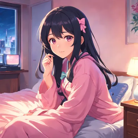 anime girl with long black hair and a pink bow,bedroom,pajamas,onesie,