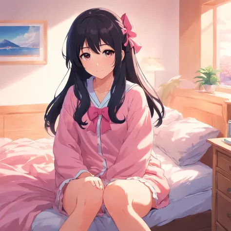 anime girl with long black hair and a pink bow,bedroom,pajamas,onesie,