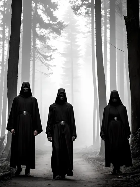 3 dark figures walked over, 3 tall, thin creatures in thick black robes, had long nails, their faces could not be seen, they walked out of the dense forest, filled with smoke and Aura of darkness, night forest background, their mouths grinning.Monsters