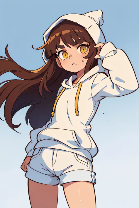 ((beste-Qualit, tmasterpiece)), 
a 1girl, beste-Qualit,tmasterpiece,hairlong,white hoodie,white shorts,Brown hair,blue bangs,yellow eyes