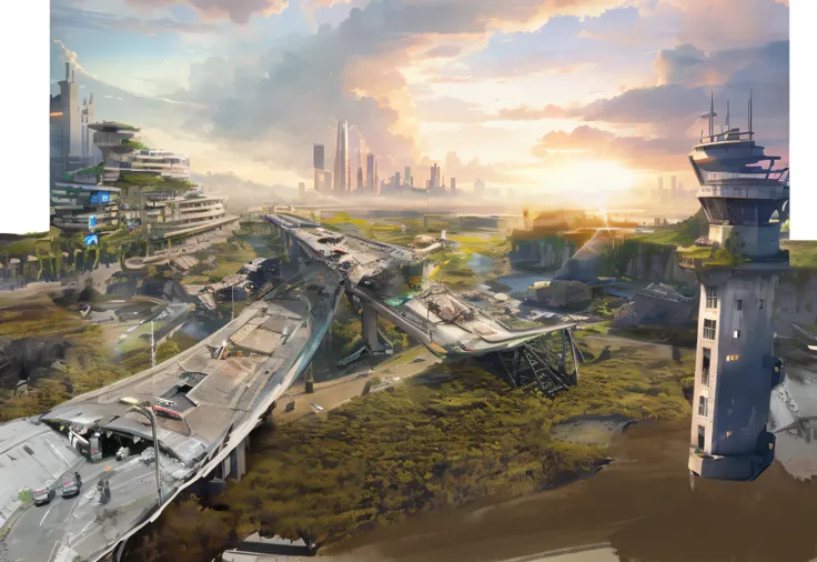 There is a picture of a futuristic city with a bridge, Dystopian digital concept art, future concept art, landscape of a future city, concept art 2022, environment concept art, 4K concept art, 4 k concept art, Detailed 4K concept art,