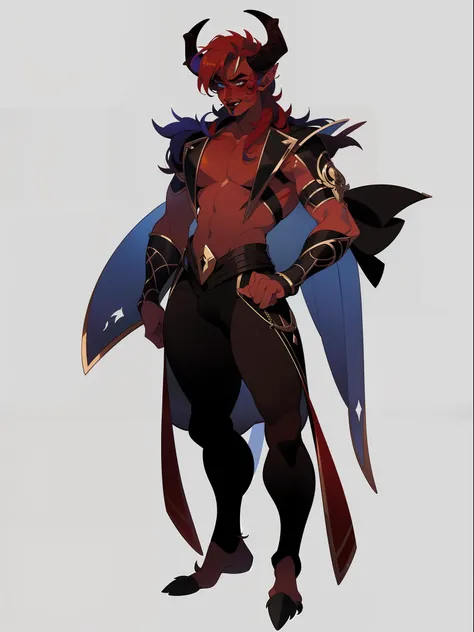 ((1male)) character concept adopt ,handsome , tiefling, horns, red skin, make-up., fullbody