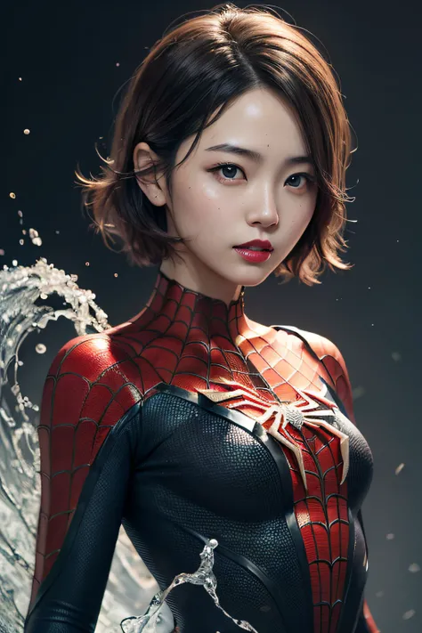 beautiful japanese young woman, wearing spiderman armor made of water, thick symmetrical features, very short hair, background is cherry blossoms, pink aura, red lips, octane render,