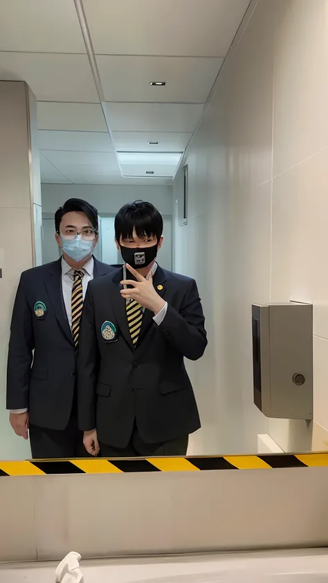 There are two men in suits and masks taking selfies in the bathroom mirror., Wear a mask., Wearing a suit!, Some people use Gask masks., In the bathroom, 8k selfie photograph, Wearing a face mask, Wear a face mask and sunglasses, Wearing a face mask, taken...