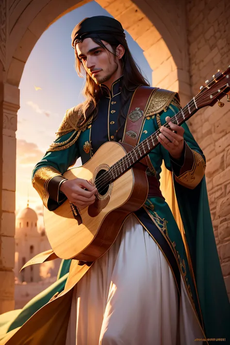 Ziryab, Elegant Andalusian musician, captivating the court with his lute under the golden light of sunset in Al-Andalus. Vestido con exquisitos trajes de seda y joyas relucientes, while at a passionate performance.