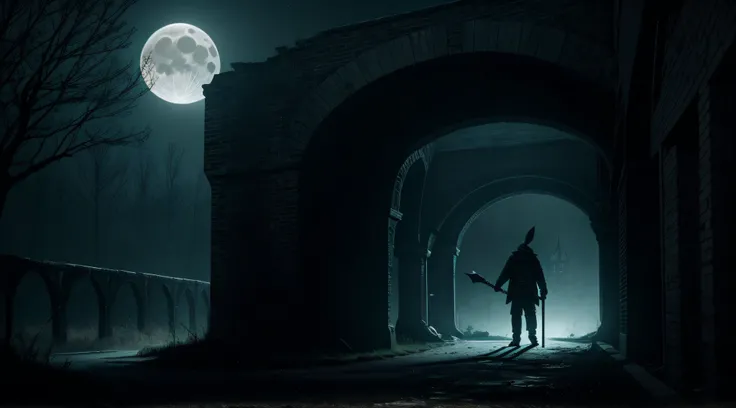 Generate an eerie, moonlit scene under a bridge with the Bunny Man lurking in the shadows, holding his blood-stained axe."