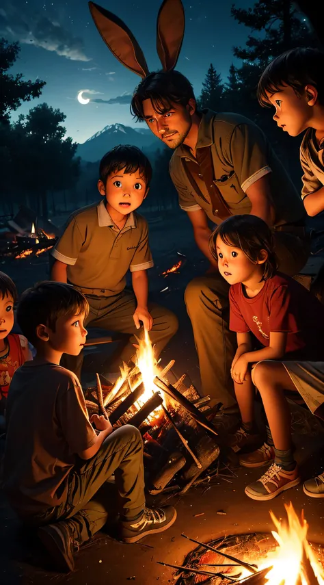 Create an image of children from a neighboring village sharing stories about the Bunny Man around a campfire, with fear in their eyes."