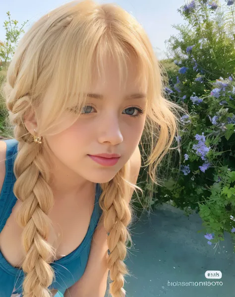 Blonde girl with long braids poses for a photo, lalisa manobal, braid hairstyle, blond hair with pigtails, ulzzangs, two pigtails hairstyle, sakimichan, lalisa manoban of blackpink, Long hair with bangs, Twin tail hairstyle, With bangs, One blonde girl, ca...