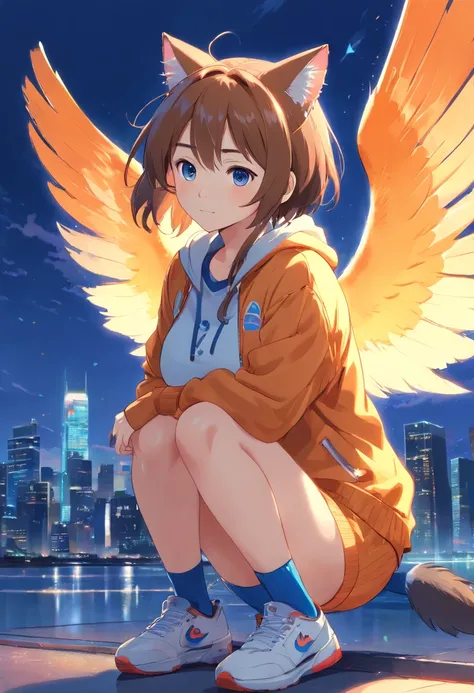 ((Best Quality, 8K, Masterpiece: 1.4)),((amazing detail: 1.3)),((illustartion, Huge-breasts: 1.2)),((High Resolution1.1)),1girll,Spirit Orange Skin, orange tails, Orange cat ears, Small crown with blue crystals, blue cute eyes, pretty, dark sweatshirt, whi...