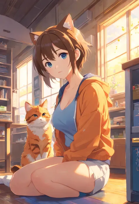 ((Best Quality, 8K, Masterpiece: 1.4)),((amazing detail: 1.3)),((illustartion, Huge-breasts: 1.2)),((High Resolution1.1)),1girll,Spirit Orange Skin, orange tails, Orange cat ears, Small crown with blue crystals, blue cute eyes, pretty, dark sweatshirt, whi...