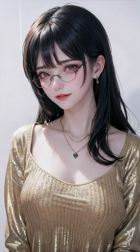 (()), a young girl with green and red lipstick and black hair wearing sunglasses, 1girl, solo, jewelry, long hair, looking at viewer, black hair, red background, mole, necklace, tinted eyewear, simple background, round eyewear, red-tinted eyewear, mole und...