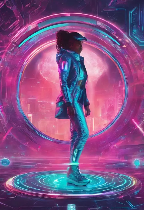 a female rapper hsurroinded an holding holographic ui of her new hip hop music album advert poseters