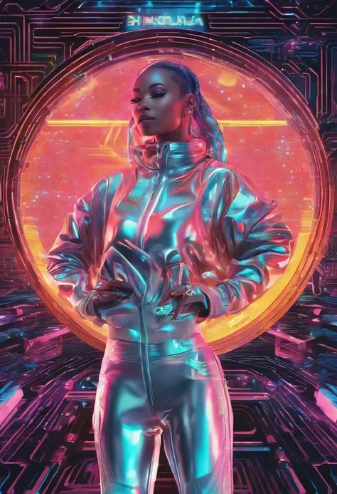 a female rapper hsurroinded an holding holographic ui of her new hip hop music album advert poseters