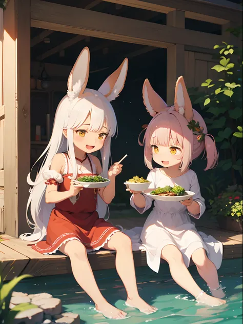 Nanachi and Riko happily eating otherworldly food、Two girls、fluffly、by lake