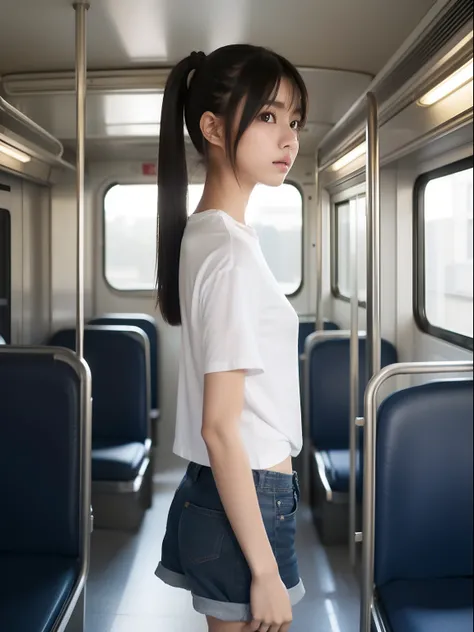 Looks Back，年轻，(shortpants)，tshirts，teens girl，Delicate body，petite body，Delicate body，small tits，tiny chest，Short，A dark-haired，Twin-tailed，poneyTail，In the train car