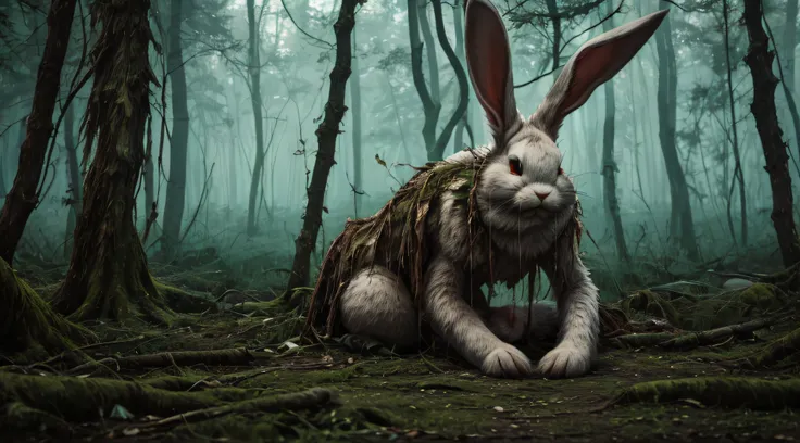 Generate a chilling depiction of a rabbit carcass-filled forest where the Bunny Man is believed to roam, blending into the eerie surroundings."