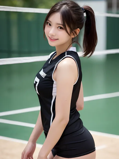 masutepiece、Best Quality、Illustration、 ultra-detailliert、hight resolution、8K Wallpapers、Perfect dynamic composition,、Beautiful detailed eyes、(Black Volleyball Uniforms:1.3)、Black bloomers、Medium Hair、poneyTail、(Beautiful Large Breasts:1.3)、Natural Color Li...