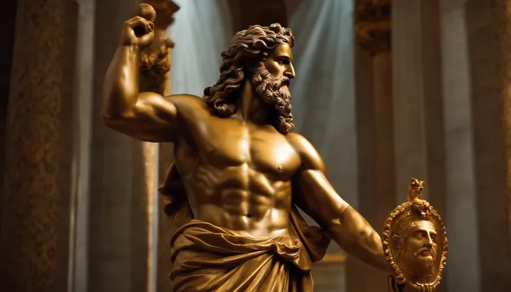 A statue of Zeus, corpo forte, musculoso, barba grande, aparencia estoica, poderoso