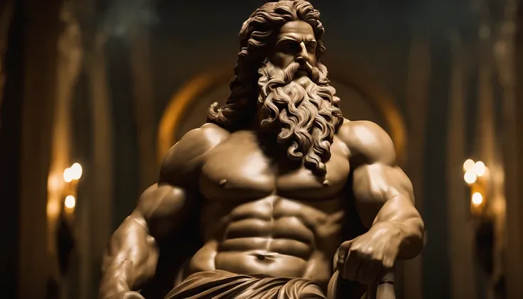 A statue of Zeus, corpo forte, musculoso, barba grande, aparencia estoica, poderoso