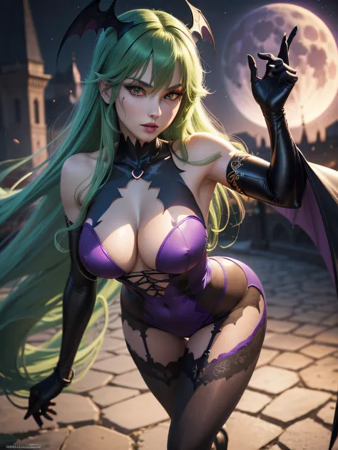 Arti modern anime. angled view, heroic pose, closeup full body portrait of stunningly beautiful Morrigan Aensland from Darkstalkers she has ((long green hair with fringe)), has bat wings, ((black short bodysuit)) ((purple tights)), dynamic pose, full body,...