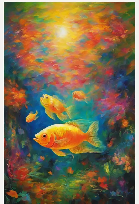 Create an impressionistic painting with the head of a fish, (olhando para a frente) , Sober, (fundo preto), UHD 8k, Very high quality for excellent printing. Lighting that highlights the figure in relation to the background, cores verde, amarelo e vermelho...