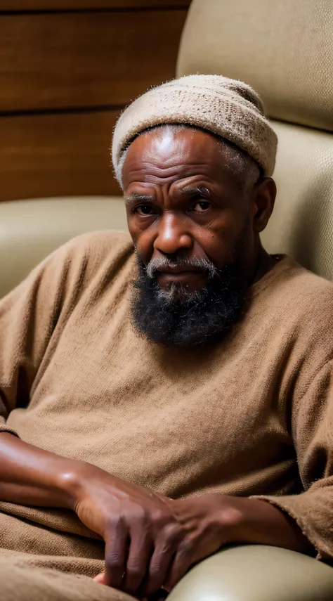 (an old African man with gray beards sitting on his couch, staring directly at the camera),(best quality,4k,8k,highres,masterpiece:1.2),ultra-detailed,(realistic,photorealistic,photo-realistic:1.37), medium: oil painting, aged texture, intricate wrinkles o...