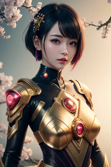 beautiful japanese young woman, wearing cyberpunk suit made of gold, thick symmetrical features, very short hair, background is cherry blossoms, pink aura, red lips, octane render,