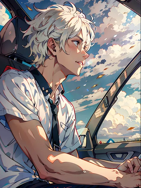 2boys,13 only、(Mans :2) ,Handsome boy,silber hair、a blond、Cutter shirt、In the car、clouds,Natural lighting、hightquality、masutepiece,8K,NSFW,