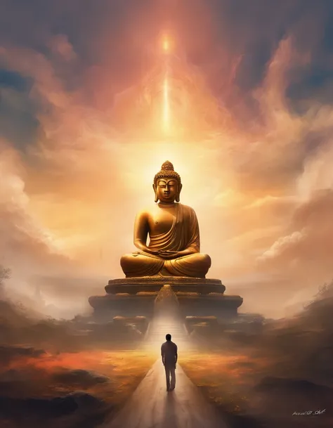 Huge Buddha statue in the distance, stone statue, Texture, tall, An majestic, The background is illuminated by sunlight，Clouds, Inverted image，Lateral face，Pilgrims on the road