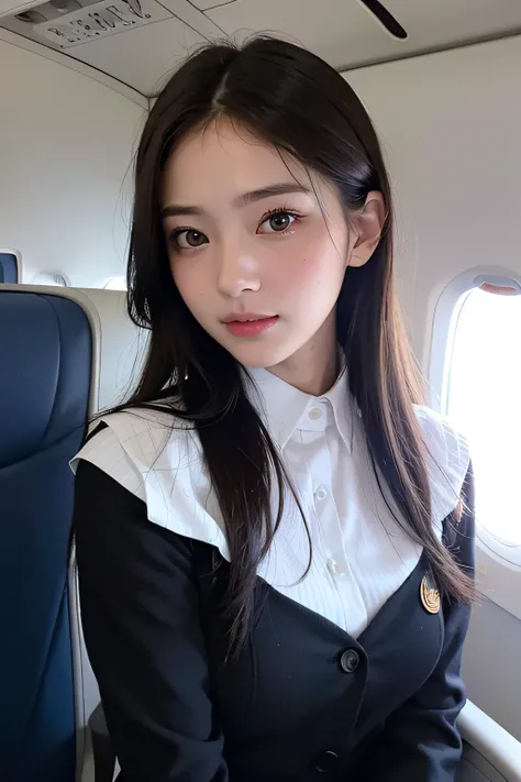 Top Quality, Masterpiece, 8K, Ultra High Definition, (Photorealistic: 1.4), 1 Girl, Beautiful Face, Symmetrical Eyes, Big, Perfect Body Proportions, Stewardess Uniform, Viewers Look, (Inside the Airplane: 1.2), Front View, Shoulder Jump, Absolute Area (1.3...