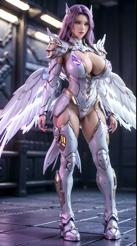 A WOMAN, BEAUTIFULL FACE, HUGE BOOBS, RGB, WHITE, GOLD, PURPLE, MECHA ARMOR FULL GEAR, (SUIT), (CLEAVAGE), (A PAIR LARGEST WINGS), (FULL BODY:1), TRANSPARANT, TALL LEGS, STANDING, SEXY BODY, MUSCLE ABS.