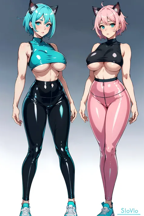 ((mature adult tall woman, mature_face)), (glowing aqua eyes), cat ears, narrow waist, gradient (pink hair), large breasts, large areolae, (oily skin) ,              


thick thighs, thicc, (((tight latex leggings))),

(mature woman:1.2), adult, solo, (pin...