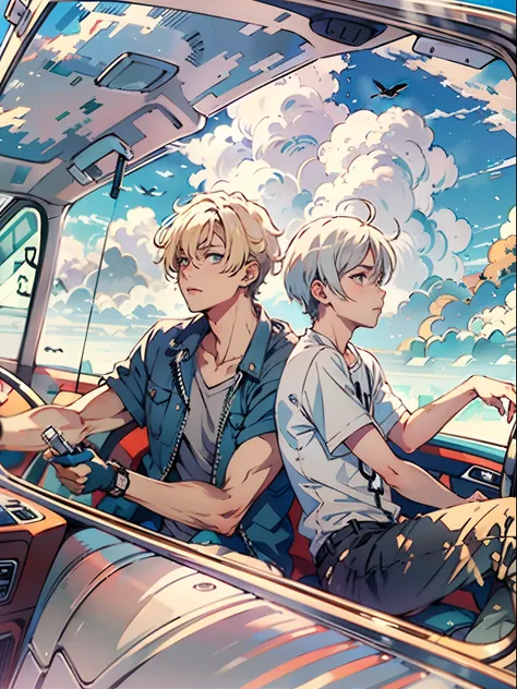 2boys,13 only、(Mans :2) ,Handsome boy,silber hair、a blond、Cutter shirt、In the car、clouds,Natural lighting、hightquality、masutepiece,8K,NSFW,