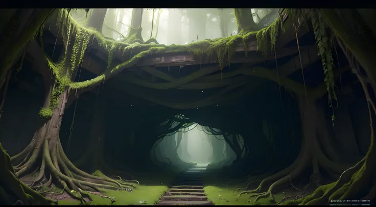 ((photo)), ((best quality)), ((masterpiece)), ((detailed)), ((cinematic), ((captured from eye level)), A dark chamber, high humidity and moss. Big corridor filled with roots and particles.