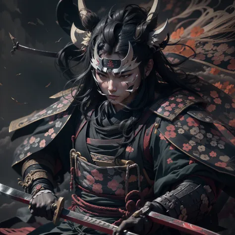 （They are samurai），（Wearing a demon mask），Solo，Upper body ，（long armament, sharp knife），magnificent artwork，（（Kyoto panel painting style）），Wind-effect：1.9，Cloud Effect：1.2，Full Rendering，Caustic soda coating, dark night