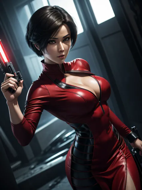 Arti modern anime. angled view, heroic pose, face closeup portrait of stunningly beautiful (Ada Wong from Resident Evil) as an heroic brave lady, in a violent action scene, wind blowing short black hair, slim body, highly ornamented and detailed red long d...