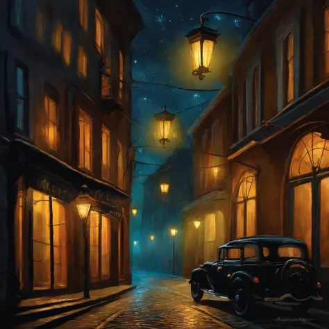 the night, street, lantern, Pharmacy, light mist. in style of van gogh