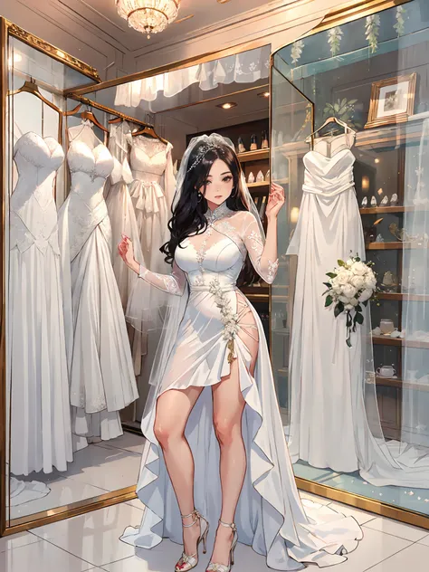 there is a woman standing in front of a display case of wedding dresses, wearing a wedding dress, white gown, background is heavenly, wearing organza gown, gown, wearing long gown, ao dai, wearing a wonderful dress, wedding dress, dress and cloth, traditio...