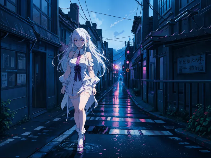 (anime art style), emilia from re zero,long white hair purple eyes, blushing, wearing lingerie, walking on the night city street...