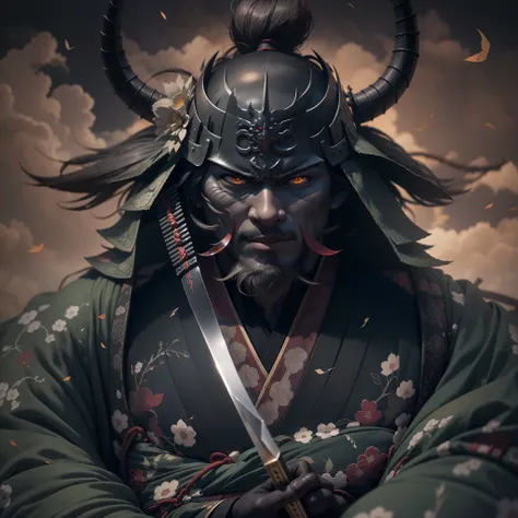 （They are samurai），（Wearing a demon mask），Solo，Upper body ，（long armament, sharp knife），magnificent artwork，（（Kyoto panel painting style）），Wind-effect：1.9，Cloud Effect：1.2，Full Rendering，Caustic soda coating, a dark night