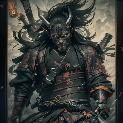 （They are samurai），（Wearing a demon mask），Solo，Upper body ，（long armament, sharp knife），magnificent artwork，（（Kyoto panel painting style）），Wind-effect：1.9，Cloud Effect：1.2，Full Rendering，Caustic soda coating, a dark night