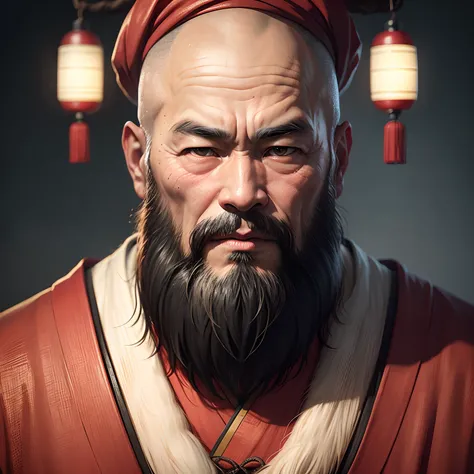 A portrait of old chineese monk,beard on chin,hyper realistic