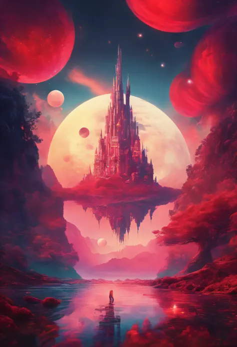 Background: mysterious outer space, floating mountains, Avatar landscape, waterway, Hallelujah Mountain, (floating giant castle in the air: 1.5), (reflection: 1.2), amazing alien landscape, floating island and flying island, floating land in the clouds, al...